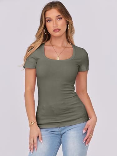 ANRABESS Women Short Sleeve Tops Scoop Neck Ribbed Knit Slim Fitted Basic Tee Shirts Casual Summer Clothes 2025 Fall Outfits Army Green X-Large - Image 3