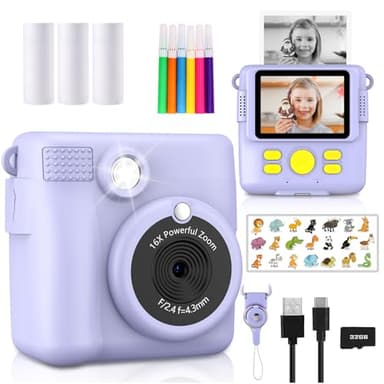 Radekly Instant Print Camera for Kids,Christmas Birthday Gifts for Age 3-12 Girls Boys，1080P HD Digital Video Cameras for Toddler,Kids Portable Toy with 3 Rolls Photo Paper，32GB Card-Purple - Image 1