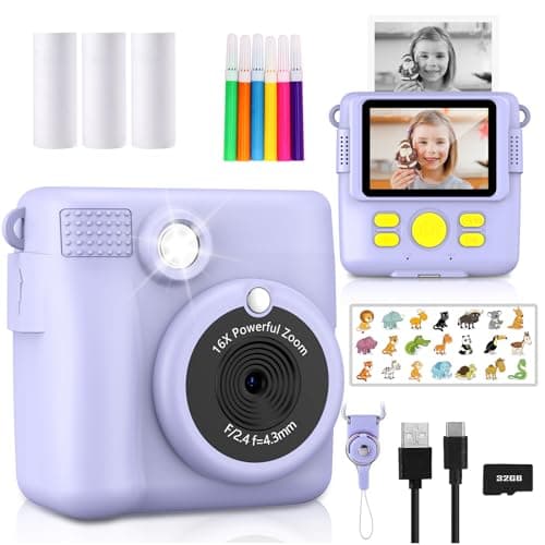 Radekly Instant Print Camera for Kids,Christmas Birthday Gifts for Age 3-12 Girls Boys，1080P HD Digital Video Cameras for Toddler,Kids Portable Toy with 3 Rolls Photo Paper，32GB Card-Purple