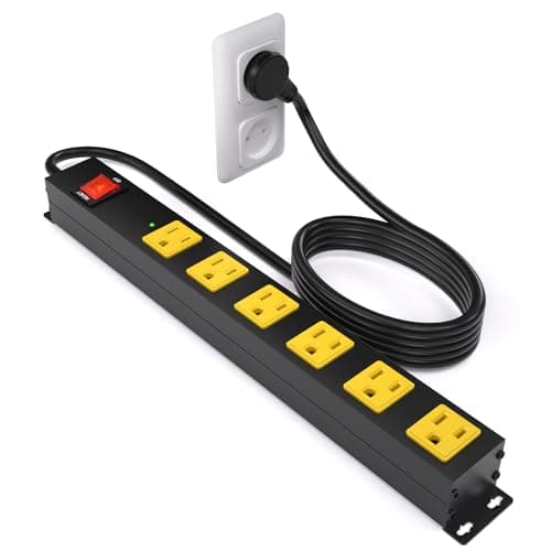 Heavy Duty 6 Outlet Metal Long Power Strip, 2700J Surge Protector with 15A Circuit Breaker, 15FT Extension Cord, Wall Mount for Garage, Workshop & Industrial Use, Wide Spaced (15ft)