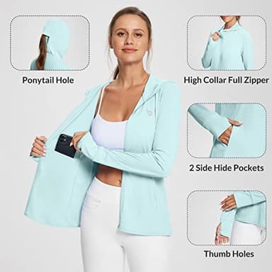 baleaf Women's SPF Jacket Sun Shirt UV Protection Hoodie Zip Up Long Sleeve Hooded Summer Clothing Running Hiking Spa Retreat 2XL Blue - Image 4