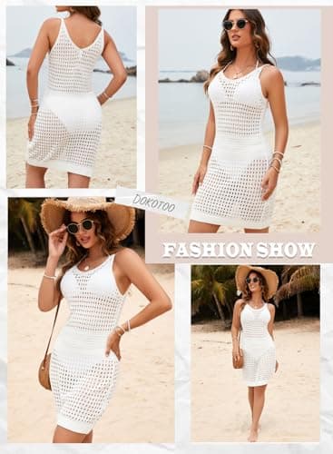 Dokotoo Sexy Swim Cover Up for Women 2025 Summer Fashion Scoop Neck Sleeveless Crochet Hollow Out Knit Mesh Spaghetti Straps Swimsuit Bikini Beach Dress Cruise Essentials Outfits All White Medium - Image 6