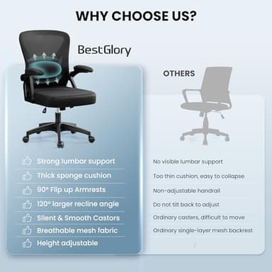 Office Chair, Ergonomic Home Computer Desk Chairs, Comfy Breathable Mesh Chair with Adjustable Lumbar Support Flip-up Armrests, Executive Task Chair with High Back for Home Office Rolling Swivel Chair - Image 7