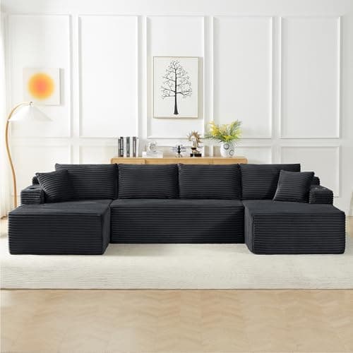 134 Inch Cloud Sectional Couch for Living Room,Corduroy Boneless Couches with Cup Holder,Modern Modular Sectional Sofa with Deep Seat,No Assembly Required (Dark Gray, U-Shaped Sofa) - Image 1