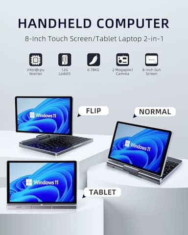 Mini Laptop 8 inch HD Touchscreen Portable 2 in 1 Computer, Windows 11 Pro Small Computer, N150 12 GB LPDDR5 1 TB M.2 SSD,WiFi 6,BT5.2 2 MP Camera,G-Sensor,HDMI,Type C Docking Station - Image 3