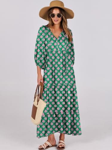 ANRABESS Womens Boho Maxi Dresses 2025 Summer V Neck Puff Sleeve Floral Flowy Swing Fall Casual Long Dress Green Small - Image 8
