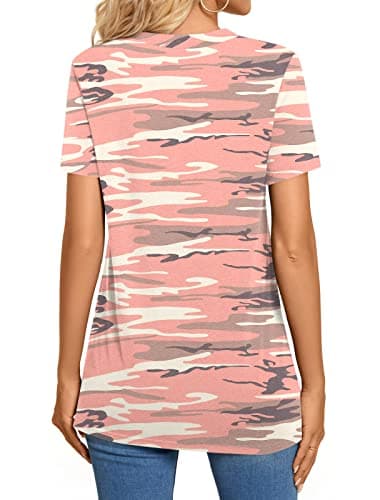 BISHUIGE Womens Henley Tunic Tops Button Up Tshirts Short Sleeve Vneck Casual Blouses, L, Pink Camo - Image 4