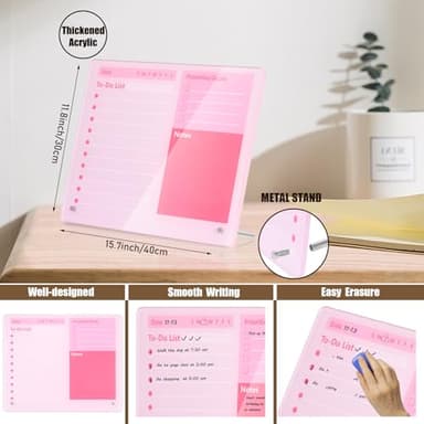 Marribol Desktop Thickened Acrylic Dry Erase Board to do List Planner Board，15.7"x11.8"，Tabletop Whiteboard with Stand，Pink Office Supplie,Pink Dry Erase White Board for Office/Home/School - Image 2