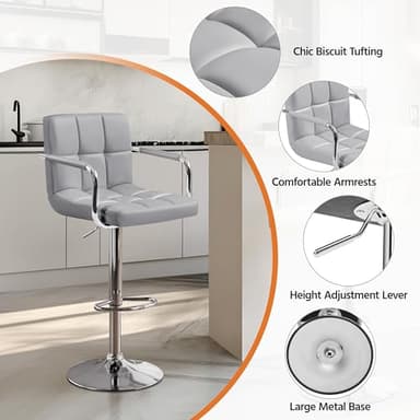Yaheetech Bar Stools Set of 2, PU Leather Adjustable Swivel Barstools, Hydraulic Kitchen Counter Height Bar Chairs with Armrest and Back for Kitchen, Dining Room, Light Grey - Image 6