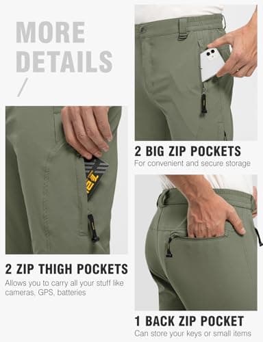 TBMPOY Men's Lightweight Hiking Pants with Belt 5 Zip Pockets Waterproof Quick-Dry Travel Fishing Work Outdoor Pants Thin Sage Green XL - Image 5