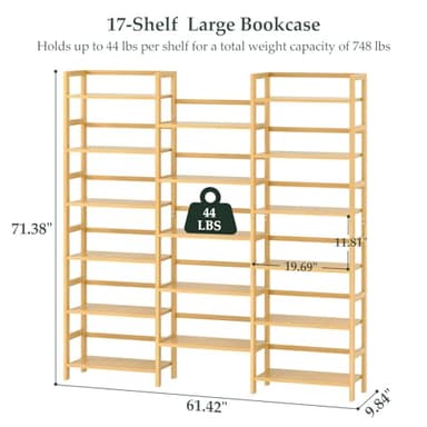 Homykic Bamboo Triple Wide Shallow Bookshelves and Bookcases, 6-Tier 6ft Tall Bookshelf with 17 Open Display Shelves, Large Freestanding Book Shelf for Home Office, Bedroom, Living Room, Natural - Image 3