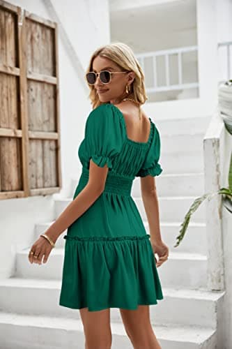 Heysolo Womens Square Neck Mini Dress Casual Short Sleeve Empire Waist Smocked Summer Babydoll Dresses - Image 6