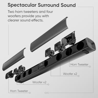 WebsLand Sound Bar for Smart TV, 80W Soundbar with Four Woofers, Dual Horn Tweeters, 2.0 Channel TV Speaker, 2 in 1 Detachable Design, BT/ARC/AUX/Optical Connection, Surround Sound System for TV - Image 2