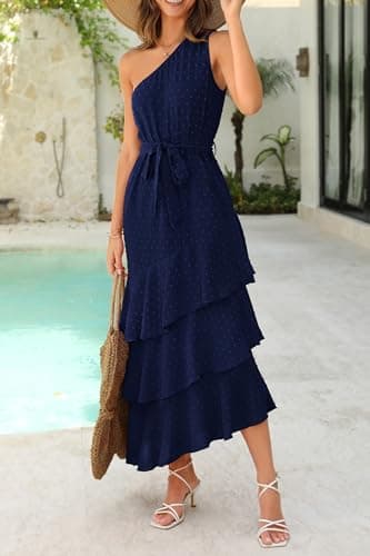 PRETTYGARDEN Women's Summer Floral Sundress Casual One Shoulder Tiered Ruffle Flowy Midi Beach Boho Dresses (Swiss Dot Navy,Large) - Image 7