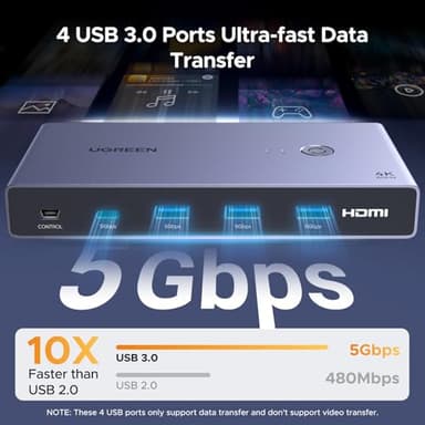 UGREEN USB-C+HDMI KVM Switch 1 Monitor 2 Computers with 4 USB 3.0 Ports 4K@60Hz Aluminum for 1 Laptop & 1 Desktop Share One Monitor Keyboard Mouse Printer with 1 HDMI Cable+2 Type-C Cables - Image 4