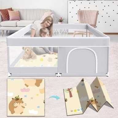 Baby Playpen with Mat, Baby Playard for Toddlers, Sturdy Safety Play Yard with Soft Breathable Mesh, Anti-Fall, 50 * 50 * 27 inches Grey - Image 2