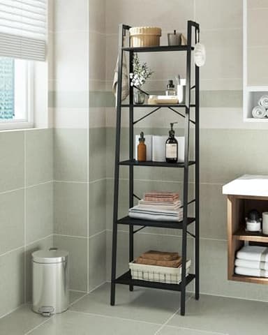 Hzuaneri Ladder Shelf, Bookshelf Bookcase, Freestanding Corner Storage Shelve with 2 Hooks for Home Office, Living Room, Kitchen, Bedroom, Industrial, 5-Tier Black BC19204B - Image 4