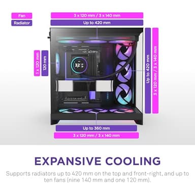 NZXT H9 Flow RGB+ (2025) – Large Dual-Chamber ATX Mid-Tower Airflow PC Case – Includes 7 RGB Fans (6 x 140mm, 1 x 120mm) & Control Hub – 420mm Radiator Support – Back-Connect Ready – Black - Image 4