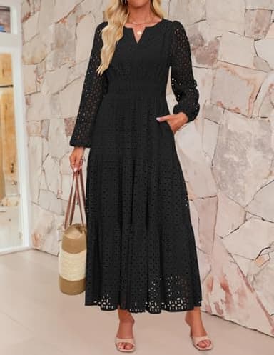 ZESICA Women's 2025 Fall Long Sleeve Maxi Dress V Neck Hollow Out Eyelet A Line Long Flowy Casual Party Dresses Black Large - Image 7