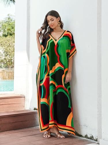IMAGEKOPE Women's Plus Size Loose Fit Moroccan Print V-Neck Batwing Kaftan Beach Dress Bathing Suit Cover Up - Image 3