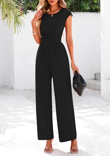 PRETTYGARDEN Summer Jumpsuits for Women Dressy 2025 Ribbed Cap Sleeve Wide Leg Pants Rompers Elegant Casual One Piece Outfits (Black,Medium) - Image 6