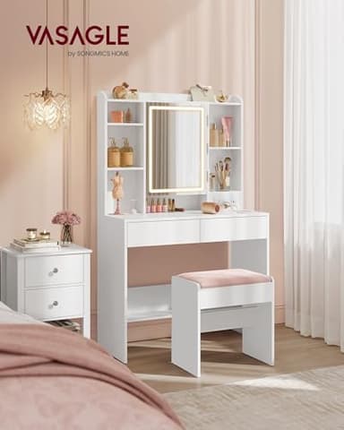 VASAGLE KAILYN Collection - Vanity Desk with Power Outlets, Makeup Vanity with Mirror and Lights, Upholstered Vanity Stool, LED Lights, 6 Compartments, 2 Drawers, for Bedroom, Cloud White URDT031W01 - Image 2