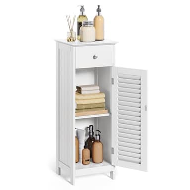 VASAGLE Bathroom Storage Cabinet, Small Slim Bathroom Floor Cabinet with Drawer and Shutter Door, for Living Room, Bedroom, 11.8 x 12.6 x 34.3 Inches, White UBBC43WT - Image 1