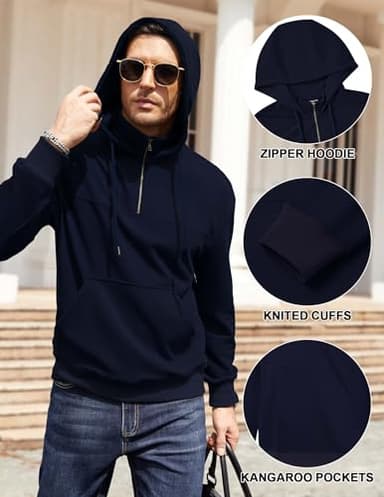 3rd hill Men's Quarter Zip Pullover Hoodies Long Sleeve Weight 1/4 Half Zip Drawstring Hooded Sweatshirt Kangaroo Pocket Purplish blue L - Image 4