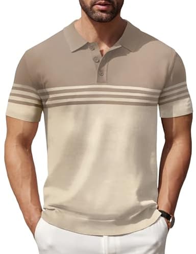 COOFANDY Mens Striped Polo Shirts Short Sleeve Striped Textured Pullover Golf Polo T Shirts, Khaki and Beige, X-Large - Image 1