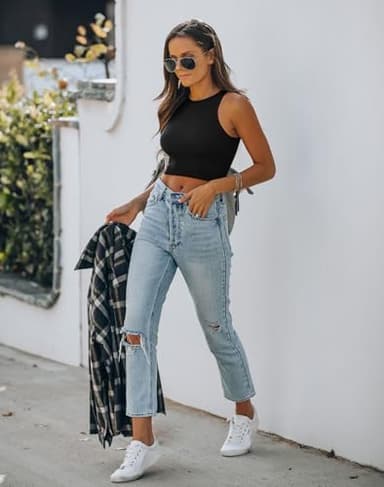 REORIA Women's Sexy Sleeveless High Neck Crop Tank Top Racerback Double Lined Cute Basic Cropped Tops 2025 Going Out Shirts Black Large - Image 4