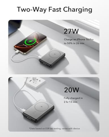 ESR for MagSafe Power Bank, Ultra-Compact 10,000mAh MagSafe Portable Charger, Qi2 Certified 15W Ultra-Fast Battery Pack, 27W USB-C MagSlim Charger with Cable for iPhone 17/16/15/14/13/12, Black - Image 6