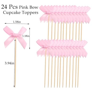 24 Pcs Pink Bow Cupcake Toppers Bow Birthday Decorations for Girls Women Baby Show Wedding Coquette Themed Party Decorations (Pink) - Image 4