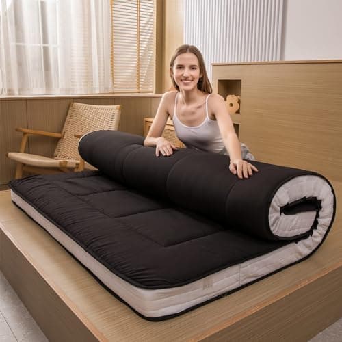 MAXYOYO Futon Mattress, Padded Japanese Floor Mattress Quilted Bed Mattress Topper, Extra Thick Folding Sleeping Pad Breathable Floor Lounger Guest Bed for Camping Couch, Black, Queen Size - Image 1