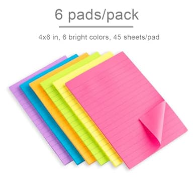Lined Sticky Notes 4X6 in Bright Ruled Stickies Colorful Super Sticking Power Memo Pads, 45 Sheets/pad, 6 Pads/Pack - Image 4