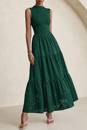 PRETTYGARDEN Summer Dresses for Women 2025 Casual Eyelet Sleeveless Wedding Guest Maxi Dress Tank Top Sundress with Pockets (Dark Green,Large) - Image 3