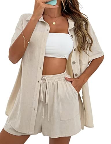 APAFES Women Summer Cotton Linen Short Sets 2 Piece Shorts Top Lounge Beach Vacation Two Piece Outfits Tracksuits(762-Apricot-M) - Image 1