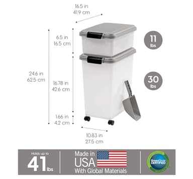 IRIS USA Dog Food Storage Container, 30 lbs & 11 lbs Combo, Cat Food Storage Container, Dog Treat Container, Airtight, Stackable, 2-Cup Scoop, Wheels, Easy Mobility, Silver - Image 3