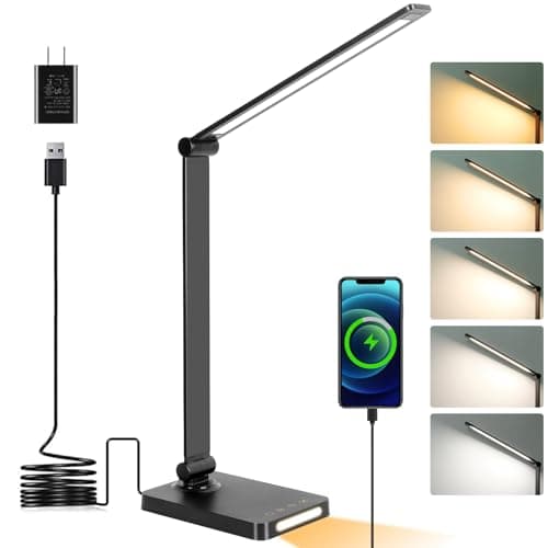 LED Desk Lamp with USB Ports,Touch Desk Lamps for Home Office with 5 Color Modes,3 Brightness Desk Light with Small Night Light,Reading Lamp Table Lamp for Bedroom Bedside Study Black （with adapter） - Image 1