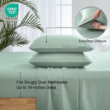 PHF Cooling Sheets Set King Size, Rayon Derived from Bamboo & Polyester, Breathable & Wrinkle Free Silky Soft Bedding Sheets, Wider Elastic Band, 16" Deep Pocket Bedding Set & Pillowcase, Sage Green - Image 6