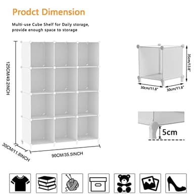 AWTATOS Cube Storage Organizer Storage 12 Cube Bookshelf DIY Plastic Closet Clothes Storage Shelves with Wooden Mallet, Stackable Storage Solution for Home, Bedroom, White - Image 3
