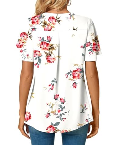 Anyally Women's Summer Dressy Chiffon Blouses V Neck Ruffle Short Sleeve Tunic Tops for Leggings Casual T-Shirts, XL Floral White - Image 4