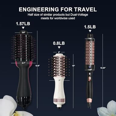Travel Dual Voltage Hair Dryer Brush 4-IN-1 Portable Mini Hot Air Blow Dryer Straightener & Curler Brush, Titanium Round Blowout Styler Volumizer Tools, 110/240V US/EU/UK Plug for International Travel - Image 5