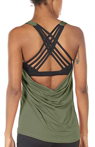 icyzone Yoga Tops Workouts Clothes Activewear Built in Bra Tank Tops for Women (M, Olive) - Image 1
