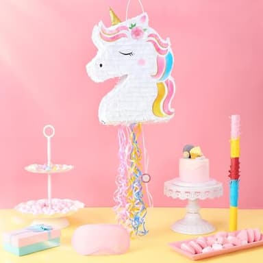 WERNNSAI Foldable Unicorn Piñata - Pull String Unicorn Birthday Party Supplies Extendable Unicorn with Blindfold Bat and Tassels Unicorn Birthday Party Decoration Games Folding Piñatas for Kids - Image 5