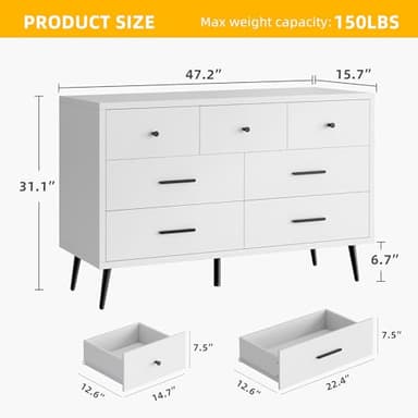 DWVO White 7 Drawer Dresser, 47" W Large Double Dresser Chest of Drawers, Modern Wood Storage Organizer with Black Metal Handles & Anti-Tipping Device for Hallway, Entryway - Image 2