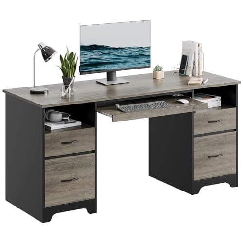 Bestier 59” Computer Desk with 4 Drawers, Office Desk with Storage, Industrial Executive Desk with File Drawer, Keyboard Tray & 2 Pedestals on Both Sides for Home Office & Studio, Grey - Image 1