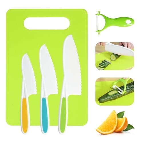 Kids Knife Set, 5 Pcs Montessori Kitchen Tools for Toddlers' Real Cooking, BPA Free Kids Safe Kitchen Cooking and Baking Set with Peeler, Cutting Board for Sandwich Bread Vegetable Fruit Present Gift - Image 1