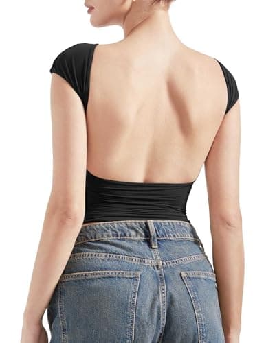 SUUKSESS Women Backless Sexy Going Out Crop Tops Double Lined Open Back Y2k Basic Tee Shirts (Jet Black, S) - Image 1