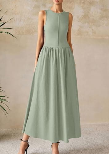PRETTYGARDEN Maxi Dresses for Women 2025 Summer Casual Sleeveless Patchwork Flowy Vacation Sundress Knit Long Work Tank Dress(Light Green,Large) - Image 7