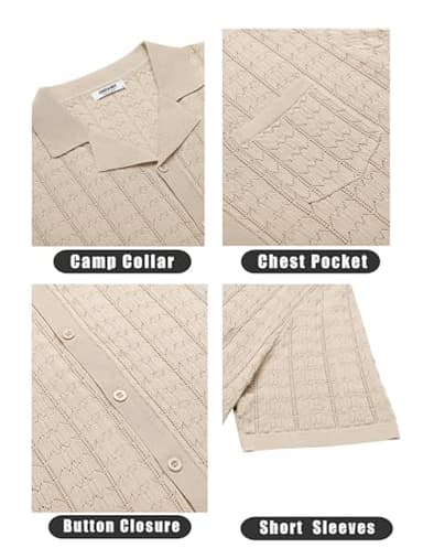COOFANDY Men's Knit Button Down Shirt Short Sleeve Vintage Polo Shirts Summer Casual Beach Tops Light Khaki - Image 5